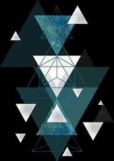 an abstract painting with blue and white shapes on black background, including triangles that appear to be overlapping