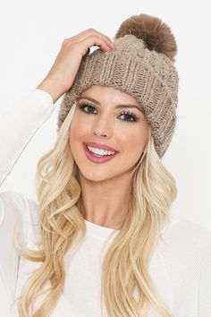 Stay warm this fall/winter season with a variety of colors and cozy set of beanies and bundle them with a stylish pair of gloves. This is the classic, not lined beanie. SO SOFT, SO CUTE WITH AN EYELASH DETAIL FINISH, WITH A SUPER SOFT POM-POM... THAT'S WHAT WILL GIVE YOU WARM FEELINGS IN THIS BEANIE!  1.COLOR: TAUPE  ONE SIZE FITS MOST.  SUPER SOFT.  COLOR: TAUPE ONE SIZE FITS MOST.  2. Fabric Acrylic fabric is lightweight, warm, and soft to the touch and is hydrophobic. Slouchy Button Accent Fur Pom Beanies! Perfect for completing all your cold weather looks! DETAILS   * Faux Fur Pom Beanie * Triple Button Accent Detail * Cable Knit Design * Slouchy Fit * Soft Spun 100% Acrylic Washing: Machine Wash Warm / Tumble Dry Gentle Cycle. Do Not Use Bleach Key product features: ✔️ QUALITY: Very c Knit Beanie Pattern, Trendy Outerwear, Cute Beanies, Beanie Pattern, Acrylic Fabric, Holiday Trends, Jewelry Outfit, Pom Beanie, Fur Pom Pom