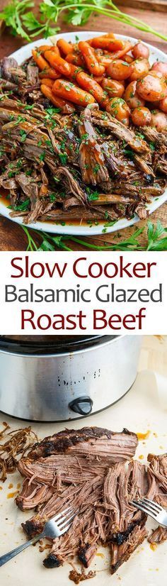 slow cooker balsamic glazed roast beef with carrots and parsley on the side