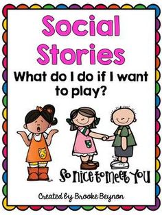 a poster with the words social stories and two children shaking hands in front of each other