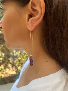 This handmade Gold earrings with Amethyst are made of 14K genuine gold. This Stunning earring is High end finish. This 14k Gold earrings with Amethyst can serve as an engagement, bridesmaid or birthday gift. * Gemstone - Spinel Amethyst    size: 8/22mm Drop * Metal - 14K genuine gold - White Gold is also available. * Beautifully packaged, ready for gift giving. for Gold ring with pearl: https://www.etsy.com/il-en/listing/526553177/gold-engagement-ring-gold-ring-with?ref=shop_home_feat_3 for stud Fine Jewelry Amethyst Drop Earrings, Amethyst Drop Earrings Fine Jewelry, Fine Jewelry Gemstone Linear Earrings As Gift, Fine Jewelry Linear Gemstone Earrings, Amethyst Drop Jewelry In Yellow Gold, Gold Amethyst Earrings Fine Jewelry, Gold Amethyst Long Drop Earrings, Yellow Gold Amethyst Teardrop Earrings, Yellow Gold Amethyst Earrings Hallmarked