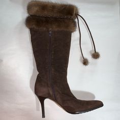 New Without Box, Authentic Cole Haan Chocolate Brown Suede Stilleto Boots With Natural Mink Fur Trim At The Top Of Boot Shaft And Mink Fur Trim At Drawstrings. Center Inseem Inset Zipper. Made In Italy Size 10b Retail $650 Shoes Game, Dark Brown Leather Boots, Cole Haan Boots, Tall Heeled Boots, Black Leather Riding Boots, Tall Brown Boots, Womens Riding Boots, Black Riding Boots, Black Heel Boots