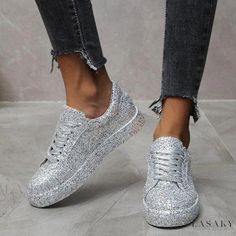 Lasaky - Sparkling Flat Lace-up Casual Shoes with Glitter Detail and White Laces, Available in Various Sizes Smart Wear, Sequin Flats, Heeled Flip Flops, White Casual Shoes, Glitter Flats, Sparkle Shoes, Style Sportif, Orthopedic Shoes, Glitter Sneakers