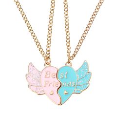 two necklaces that say best friends and one with angel wings on the front, both have