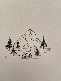 a drawing of a mountain with trees and a house in the foreground is shown