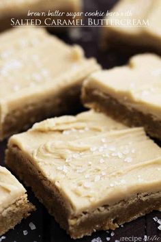 brown sugar cookie bars with salted caramel buttercream frosting on top