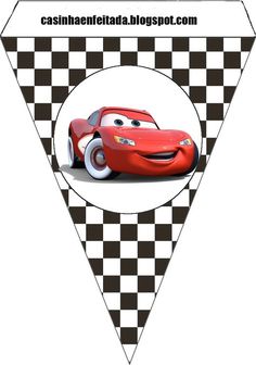 an image of the cars movie character on a checkered triangle shaped banner with text