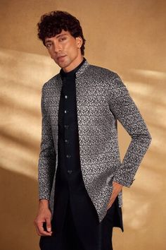 Black jacket with woven floral motifs. Comes with inner kurta and pant. - Aza Fashions Black Kurta With Nehru Jacket For Men, Bollywood Style Black Semi-stitched Sherwani, Semi-stitched Black Sherwani For Diwali, Black Semi-stitched Bollywood Sherwani, Black Embroidered Semi-stitched Sherwani, Cocktail Reception, Floral Jacket, Pants Pattern, Black Jacket