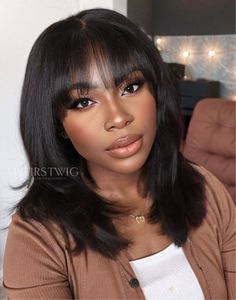 Layers Straight, Hair Length Guide, Bangs With Layers, Color Natural Hair, Straight Wig With Bangs, 16 Inch Hair, Cherry Hair Colors, Invisible Lace, Short Straight Hair