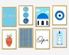 six framed art pieces with different types of artwork on them, including bottles and vases