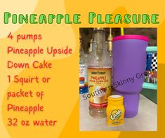 pineapple pleasure cup and other items on a table with the words pineapple pleasure written below it