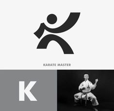 the logo for karate master is shown in black and white, with an image of a man