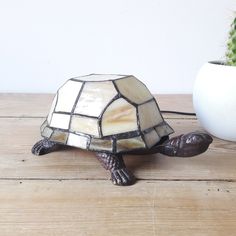 a turtle lamp sitting on top of a wooden table next to a potted plant