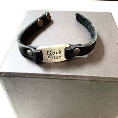 Dillon Rogers Leather Bracelet Rockstar Black Rivet Closure New Great Gift With Box Rustic Cuff Bracelets, Faux Leather Bracelets, Buckle Bracelet, Silver Anklets, Leather Cuffs Bracelet, Silver Engraving, Silver Bangle Bracelets, Gold Plated Bracelets, Women's Boutique