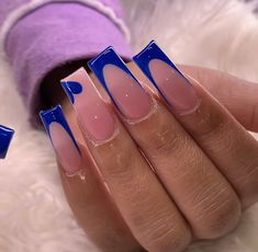 Royal Blue Gel X Nails, Blue Grad Nail Ideas, Godly Acrylic Nails, Navy Blue Nail Ideas Acrylic, Blue Back To School Nails, Royal Blue White Nails, Nails Acrylic Square French Tip, Nail Ideas Blue French Tips, Royal Blue Nails Hoco