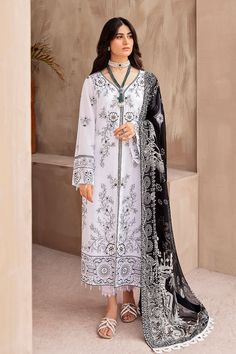 Nureh NM-03 Koyal Monochrome 2022 White Printed Long Sleeve Lawn Suit, White Lawn Suit With Digital Print For Summer, Summer White Lawn Suit With Digital Print, Spring Black Lawn Suit With Digital Print, Elegant White Sets With Digital Print, Elegant Black Printed Lawn Suit, Black Printed Lawn Suit For Summer, Black Printed Summer Lawn Suit, White Printed Sets For Eid