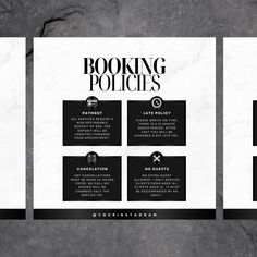 two black and white brochures with the words booking policy on them, sitting next to each other