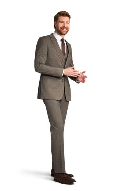 A slim cafe brown suit with two buttons and a notch lapel. Formal Brown Three-piece Suit With Welt Pockets, Formal Brown Suit With Single Button, Brown Single Button Suit For Formal Occasions, Fitted Brown Blazer With Welt Pockets, Formal Brown Single Button Suit, Brown Flat Front Suits For Formal Occasions, Fitted Brown Blazer With Single Button, Fitted Brown Single Button Blazer, Fitted Brown Single-button Blazer