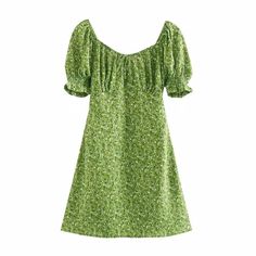 Green floral mini dress a line Ruched Square Neck Frill Sleeve With Bowknot Front Casual Ruched Mini Dress With Puff Sleeves, Casual Green Mini Dress With Puff Sleeves, Casual Green Puff Sleeve Mini Dress, Casual Puff Sleeve Mini Dress, Casual Puff Sleeve Mini Dress For Summer, Mini Dress A Line, Old Summer, Table S, Frill Sleeves