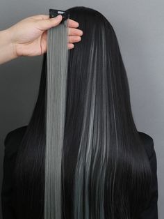 Dark Grey  Collar  High Temperature Fiber  Clip-In Hair Extensions Embellished   Wigs & Accs Grey Hair Streak, Peekaboo Hair Colors, Color Extensions, Grey Highlights, Peekaboo Hair, Goth Hair, Hair Streaks, Black Celebrities, Synthetic Hair Extensions