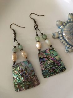 Abalone Earrings With Mother of Pearl and Green Agate Beads | Etsy Rat Earrings, Beads Inspiration, Abalone Jewelry, Abalone Earrings, Beaded Earrings Diy, Market Ideas, Mother Of Pearl Jewelry, Mother Of Pearl Earrings, Earrings Diy