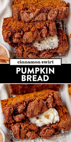 pumpkin bread with cinnamon swirl and whipped cream on top is cut in half to show the inside