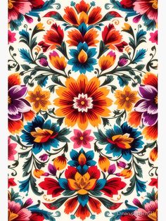 colorful flowers on white background with red, orange and blue colors