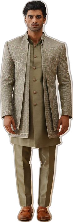 Fitted Pista Green Sherwani With Resham Embroidery, Formal Fitted Pista Green Sherwani, Formal Pista Green Traditional Wear For Eid, Formal Pista Green Traditional Wear For Diwali, Formal Fitted Traditional Wear In Pista Green, Pista Green Fitted Sherwani With Cutdana, Formal Pista Green Embroidered Sets, Fitted Pista Green Sherwani With Cutdana, Formal Embroidered Pista Green Set