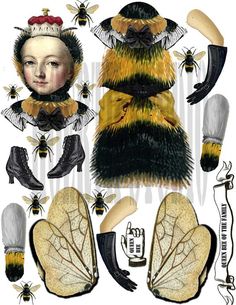 an image of bees and woman's clothing from the 1800's or early 1900's