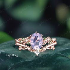 Oval Lavender Amethyst Engagement ring Set Rose Gold Promise Ring Leaf Nature Inspired Bridal Ring set  Feb Gemstone Ring Jewelry gifts Ring Details: - Theme:Romantic Wedding & Engagement - comfortable band - Stone:6*8mm Lavender Amethyst Side stones: amethyst - Total weight: 0.07 ctw (High Quality) - ring band width :1.5mm - ring thicknesses:1.2mm Wedding Band:0.035ct Stones: moissanite - ring band width :1.3mm - ring thicknesses:1.2mm - Metal choose:10k or 14k or 18k rose gold / white gold/yel Lilac Engagement Ring, Lavender Amethyst Promise Ring With Accent Stones, Lavender Amethyst Ring For Wedding, Elegant Lavender Amethyst Ring, Engagement Rings Amethyst, Intricate Amethyst Ring For Wedding, Lavender Wedding Ring, Fairy Engagement Ring Amethyst, Gold Service