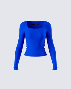 Make them water in this blue long sleeve top 😛 With a simple, yet striking look, this top is made from double-lined stretch jersey fabric and is complete with a square neckline and fitted style for the perfect everyday essential 💙 Royal Blue Long Sleeve Shirt, Blue Shirts Aesthetic, Bright Blue Clothes, Royal Blue Clothing, Blue Fitted Elastane Top, Fitted Blue Elastane Top, Fitted Blue Long Sleeve Top For Spring, Stretch Tops With Straight Neckline In Elastane, Blue Scoop Neck Elastane Top