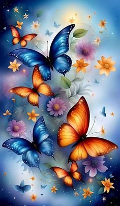 colorful butterflies flying in the sky with flowers