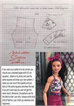 an image of a doll's sewing pattern with instructions to make her own clothes