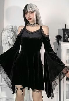 Women Gothic Vintage Lace Dress Dark Style Black Velvet Off-shoulder Flared sleeves A-line Mini Witch Dress Sleeve Black Dress, Witch Dress, Cold Shoulder Lace, Black Dress With Sleeves, Lace Dress Vintage, Elegant Party Dresses, Lace Strapless, Goth Dress, Gothic Dress