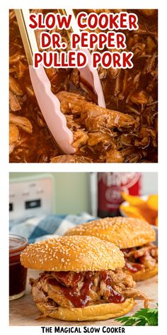 two pictures with the words slow cooker dr pepper pulled pork on them and an image of