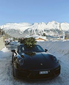 a black sports car with a christmas tree on the hood in front of snow covered mountains