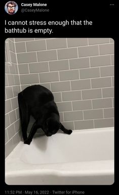 a black cat sitting in a bathtub next to a white tiled wall