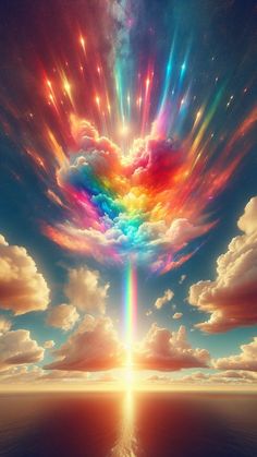 a rainbow colored cloud in the sky with bright rays coming out of it's center