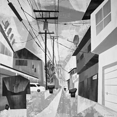 black and white painting of an alleyway with power lines above the buildings on either side