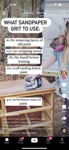 a woman sanding a table with an appliance on the screen and text that reads, what sandpaper grit to use