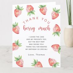 a thank card with watercolor strawberries and the words, thank you berry much