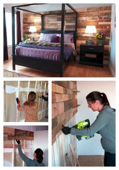 a collage of photos showing the process of painting a bed with purple and green accents