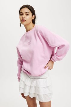 OLIVIA RODRIGO CREW SWEATSHIRT Oversized Spring Sweatshirt, Basic Crew Neck Sweater For Spring, Spring Loungewear Tops With Crew Neck, Purple Crew Neck Top With Ribbed Cuffs, Purple Crew Neck Tops With Ribbed Cuffs, Lavender Crew Neck Sweater For Fall, Casual Pink Crew Neck Sweater, Relaxed Fit Crew Neck Sweater For Spring, Oversized Pink Crew Neck Top