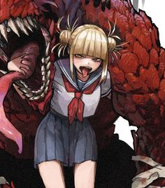 an anime character is standing in front of a giant monster with her mouth open and tongue out