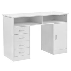 a white desk with three drawers and two doors on the top, in front of a white background