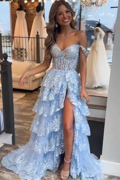 Prom Dresses Elegant Princesses, Lite Blue Dress, Lace Blue Prom Dress, Prom Dresses For Big Shoulders, Really Pretty Prom Dresses, Cloud Nine Prom Dresses, Extraordinary Prom Dresses, Cloud 9 Prom Theme Dress, Prom Entrance Ideas Car