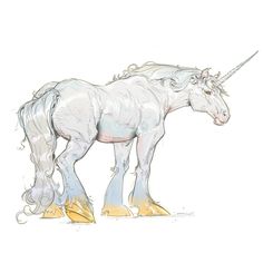 a drawing of a white unicorn with long hair and yellow boots standing in front of a white background