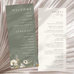 a wedding program with flowers on it and the words'welcome'written in cursive writing