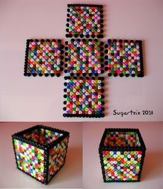 four different pictures of a box made out of beads