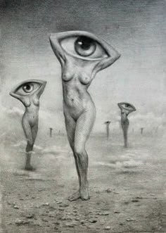 a drawing of two people standing in front of an eye